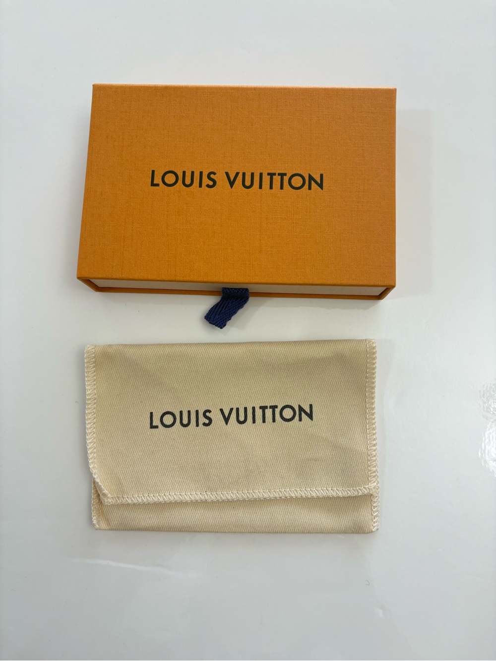 Louis Vuitton Orange Box with Beige Dust Pouch and Navy Pull Tab